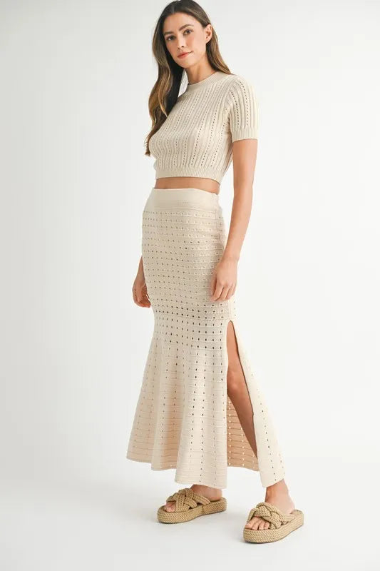 MABLE Pointelle Short Sleeve Crop Top and Slit Skirt Sweater Set-MABLE-Cream-L-Urbanheer