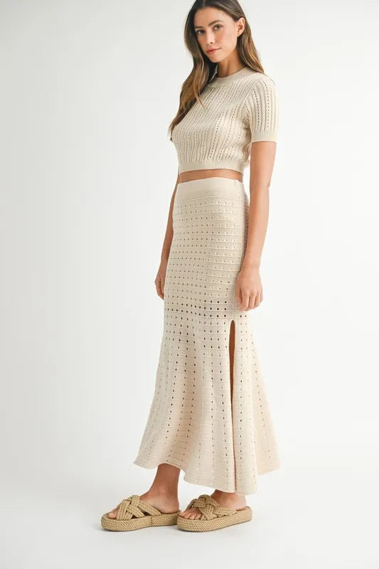 MABLE Pointelle Short Sleeve Crop Top and Slit Skirt Sweater Set-MABLE-Cream-L-Urbanheer