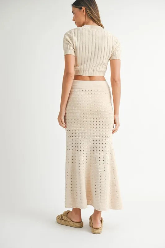MABLE Pointelle Short Sleeve Crop Top and Slit Skirt Sweater Set-MABLE-Cream-L-Urbanheer