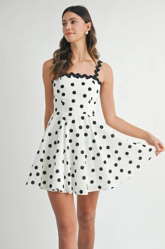 MABLE Polka Dot Mini Dress with Ricrac Trim Strap-MABLE-Cream-S-Urbanheer
