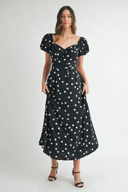 MABLE Polka Dot Puff Sleeve Midi Dress-MABLE-Black-S-Urbanheer