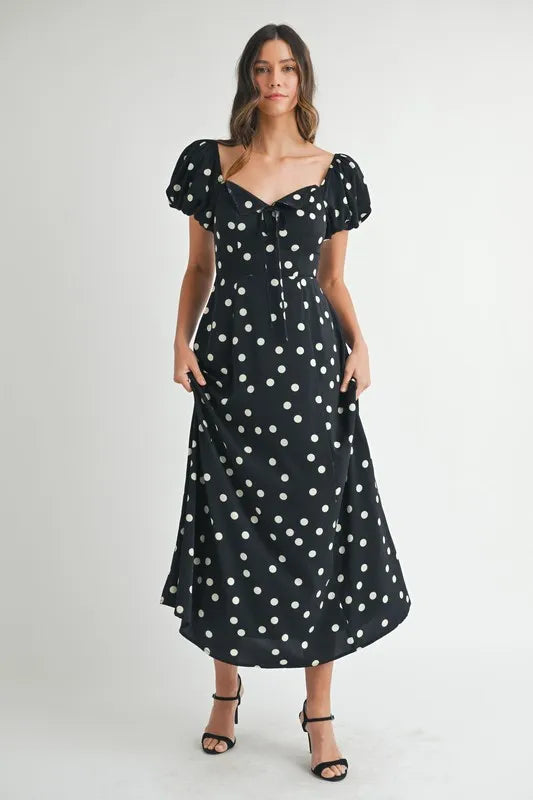 MABLE Polka Dot Puff Sleeve Midi Dress-MABLE-Black-S-Urbanheer