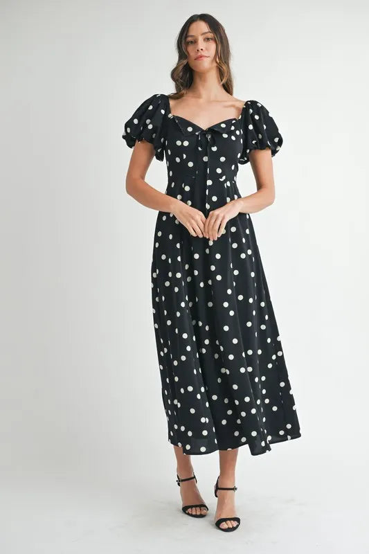 MABLE Polka Dot Puff Sleeve Midi Dress-MABLE-Black-S-Urbanheer