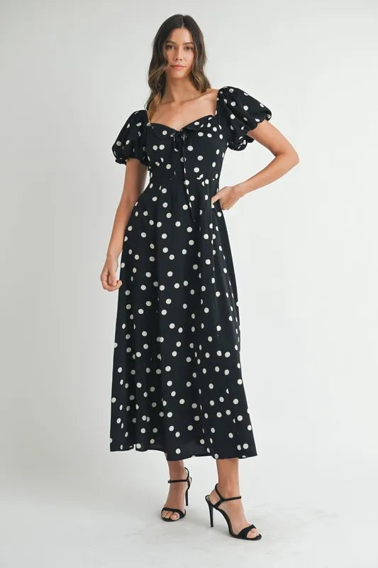 MABLE Polka Dot Puff Sleeve Midi Dress-MABLE-Black-S-Urbanheer