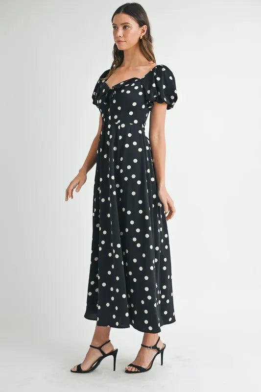 MABLE Polka Dot Puff Sleeve Midi Dress-MABLE-Black-S-Urbanheer