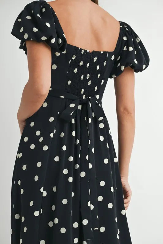 MABLE Polka Dot Puff Sleeve Midi Dress-MABLE-Black-S-Urbanheer