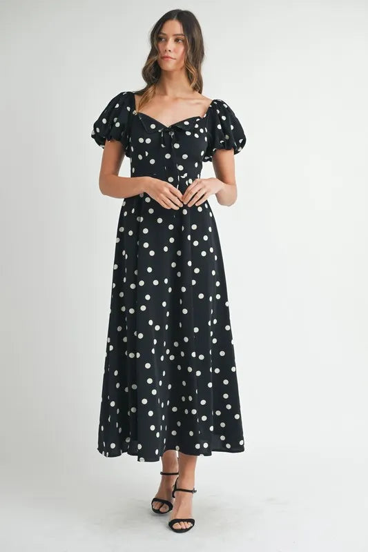 MABLE Polka Dot Puff Sleeve Midi Dress-MABLE-Black-S-Urbanheer