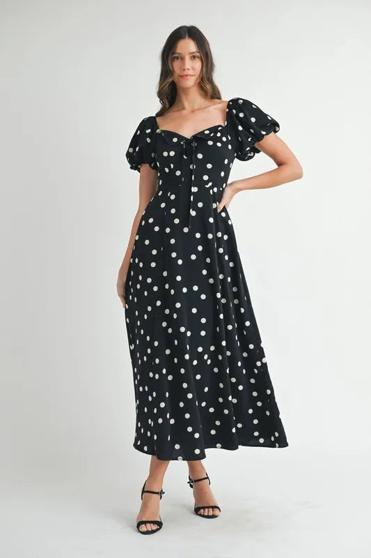 MABLE Polka Dot Puff Sleeve Midi Dress-MABLE-Black-S-Urbanheer