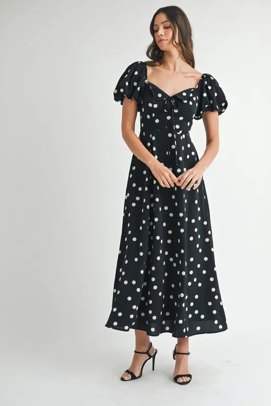 MABLE Polka Dot Puff Sleeve Midi Dress-MABLE-Black-S-Urbanheer