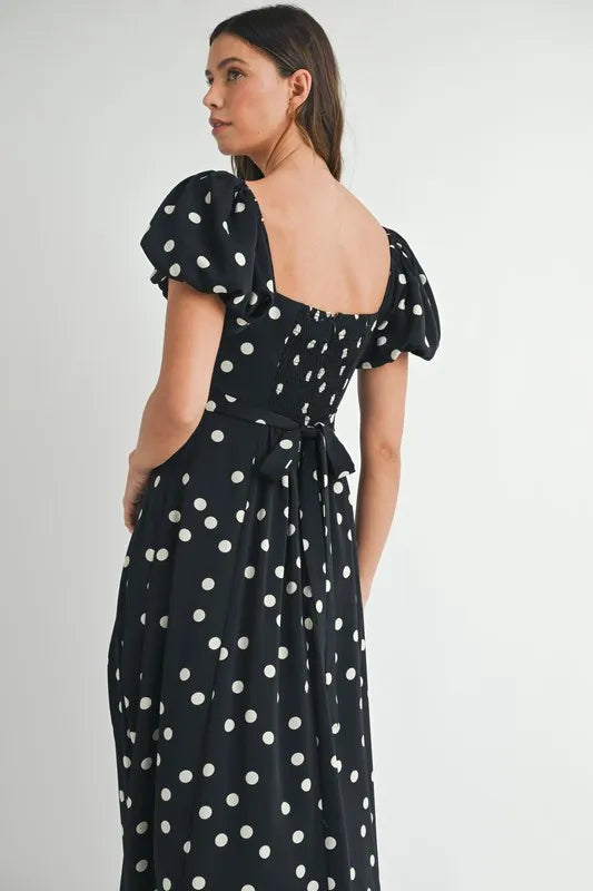 MABLE Polka Dot Puff Sleeve Midi Dress-MABLE-Black-S-Urbanheer