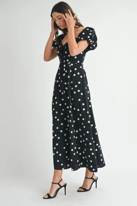 MABLE Polka Dot Puff Sleeve Midi Dress-MABLE-Black-S-Urbanheer