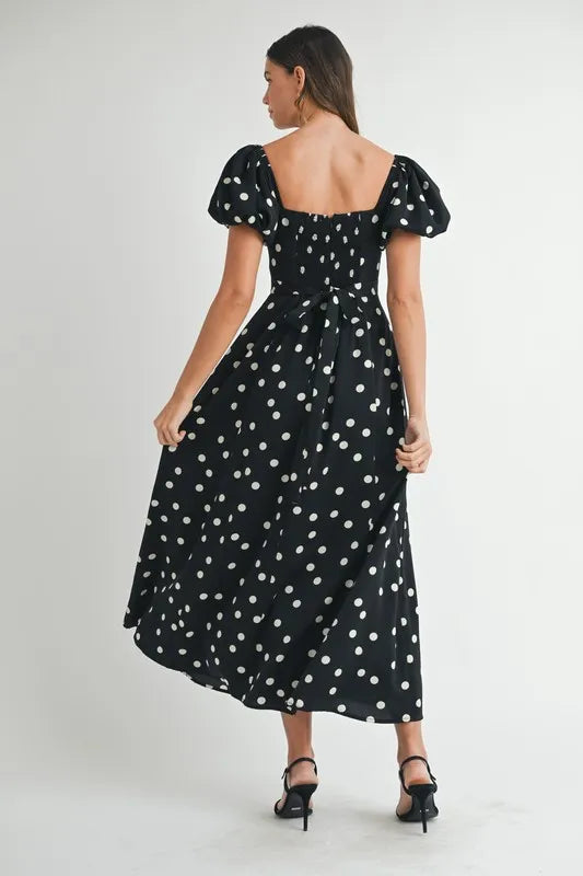 MABLE Polka Dot Puff Sleeve Midi Dress-MABLE-Black-S-Urbanheer
