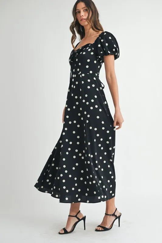 MABLE Polka Dot Puff Sleeve Midi Dress-MABLE-Black-S-Urbanheer