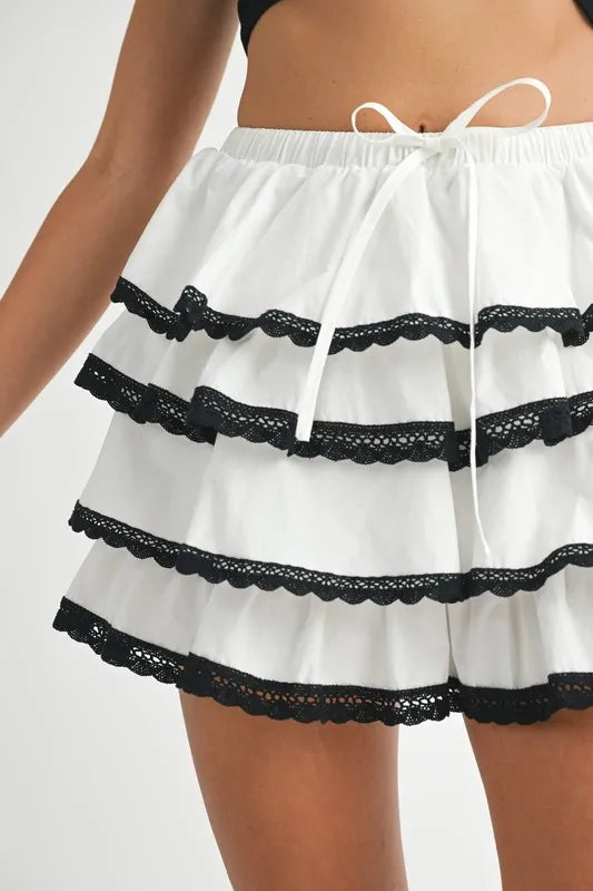 MABLE Poplin Ruffle Layered Contract Lace Trim Mini Skirt-MABLE-Off White-S-Urbanheer