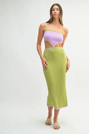 MABLE Ribbed Knit Color Block Cutout Midi Dress-MABLE-Lime-S-Urbanheer