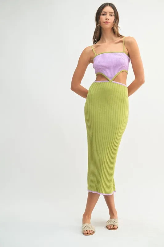 MABLE Ribbed Knit Color Block Cutout Midi Dress-MABLE-Lime-S-Urbanheer