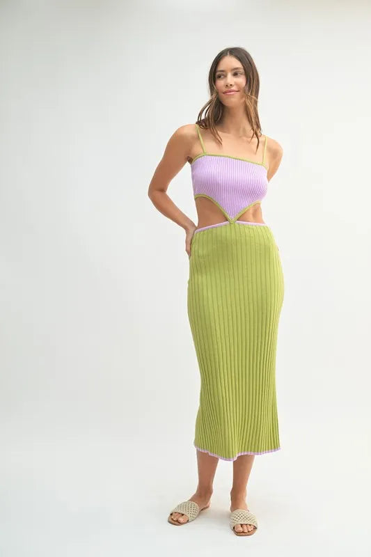 MABLE Ribbed Knit Color Block Cutout Midi Dress-MABLE-Lime-S-Urbanheer