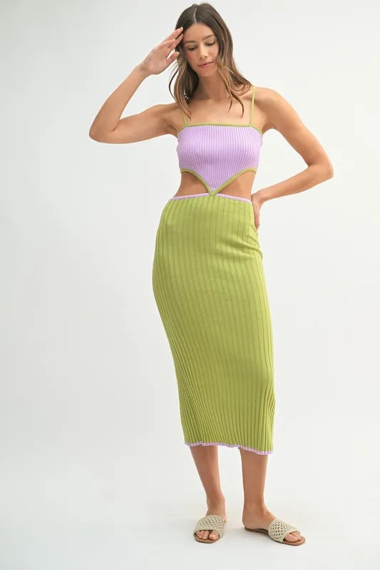 MABLE Ribbed Knit Color Block Cutout Midi Dress-MABLE-Lime-S-Urbanheer