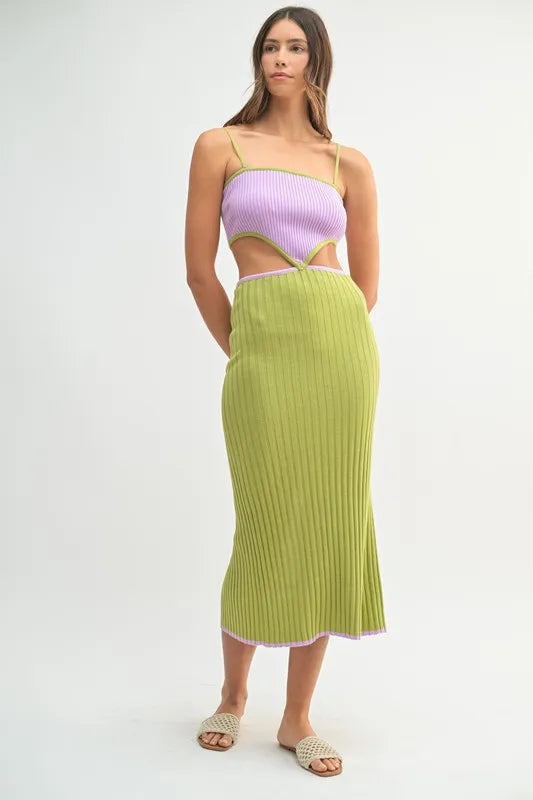 MABLE Ribbed Knit Color Block Cutout Midi Dress-MABLE-Lime-S-Urbanheer