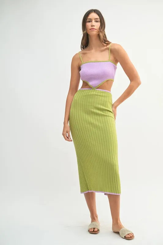 MABLE Ribbed Knit Color Block Cutout Midi Dress-MABLE-Lime-S-Urbanheer
