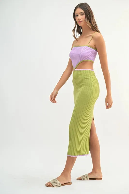 MABLE Ribbed Knit Color Block Cutout Midi Dress-MABLE-Lime-S-Urbanheer