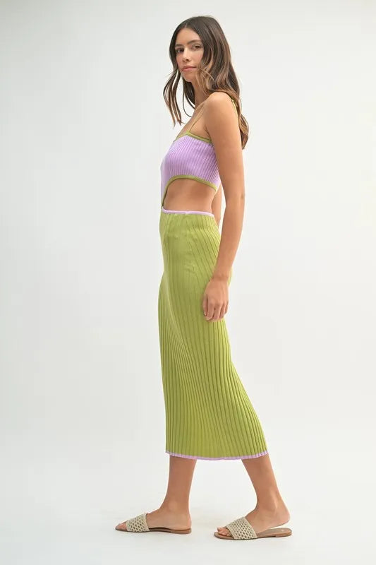 MABLE Ribbed Knit Color Block Cutout Midi Dress-MABLE-Lime-S-Urbanheer