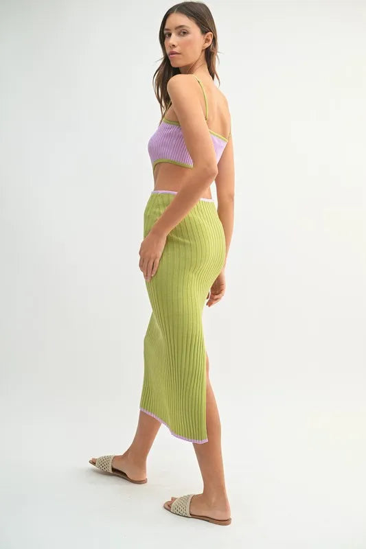MABLE Ribbed Knit Color Block Cutout Midi Dress-MABLE-Lime-S-Urbanheer