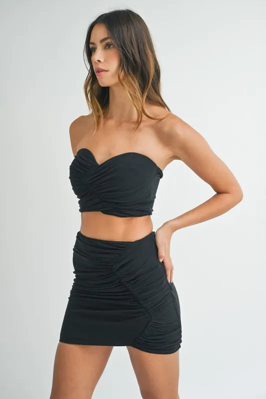 MABLE Ruched Tube Crop Top and Skirt Set-MABLE-Black-M-Urbanheer