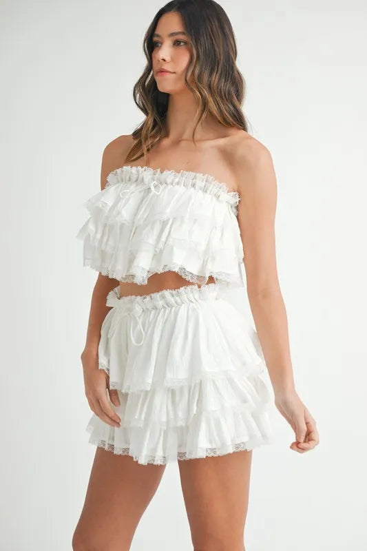 MABLE Ruffle Layered Crop Top and Mini Skirt Set-MABLE-Off White-M-Urbanheer