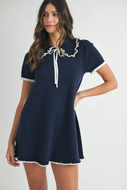 MABLE Ruffle Trimmed Collar Fine Knit Mini Dress-MABLE-Navy-M-Urbanheer