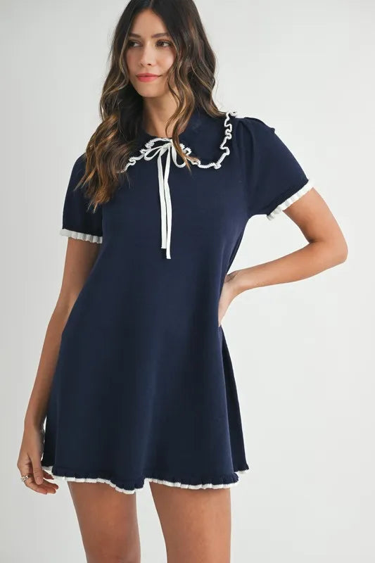 MABLE Ruffle Trimmed Collar Fine Knit Mini Dress-MABLE-Navy-M-Urbanheer