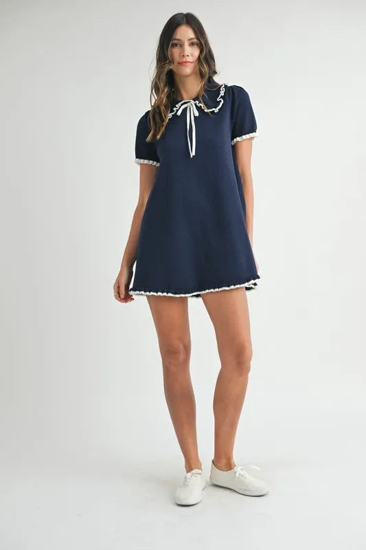 MABLE Ruffle Trimmed Collar Fine Knit Mini Dress-MABLE-Navy-M-Urbanheer