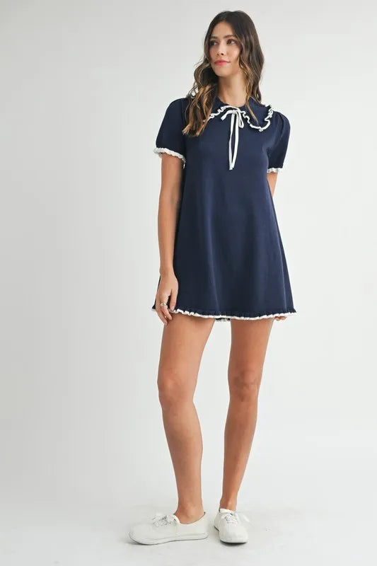 MABLE Ruffle Trimmed Collar Fine Knit Mini Dress-MABLE-Navy-M-Urbanheer