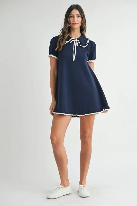 MABLE Ruffle Trimmed Collar Fine Knit Mini Dress-MABLE-Navy-M-Urbanheer