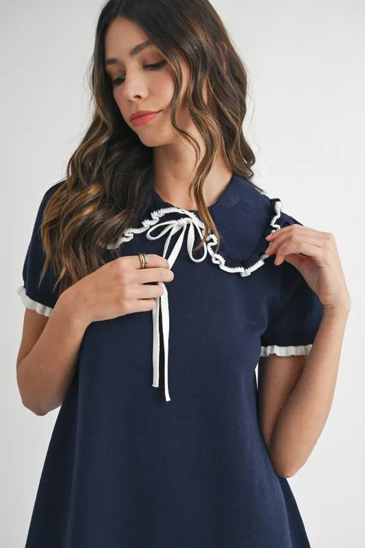 MABLE Ruffle Trimmed Collar Fine Knit Mini Dress-MABLE-Navy-M-Urbanheer