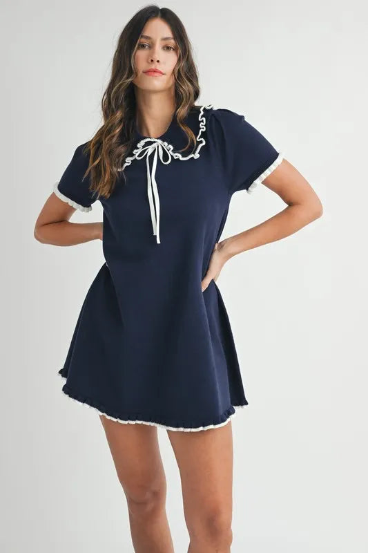 MABLE Ruffle Trimmed Collar Fine Knit Mini Dress-MABLE-Navy-M-Urbanheer
