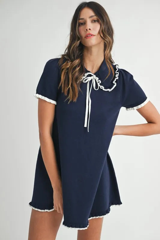 MABLE Ruffle Trimmed Collar Fine Knit Mini Dress-MABLE-Navy-M-Urbanheer