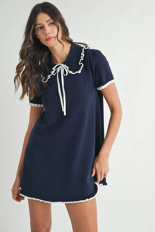 MABLE Ruffle Trimmed Collar Fine Knit Mini Dress-MABLE-Navy-M-Urbanheer