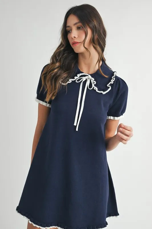 MABLE Ruffle Trimmed Collar Fine Knit Mini Dress-MABLE-Navy-M-Urbanheer