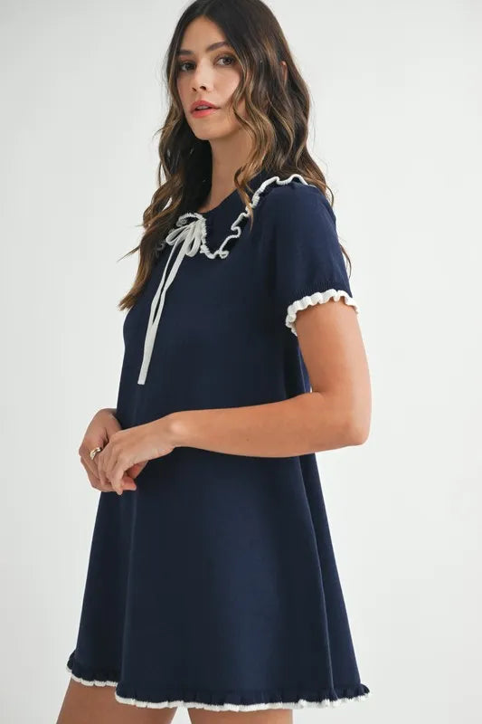 MABLE Ruffle Trimmed Collar Fine Knit Mini Dress-MABLE-Navy-M-Urbanheer