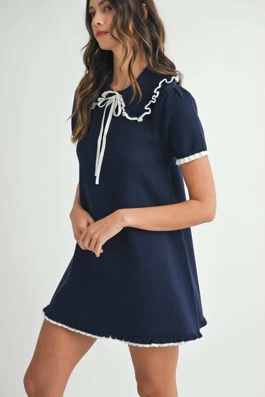 MABLE Ruffle Trimmed Collar Fine Knit Mini Dress-MABLE-Navy-M-Urbanheer