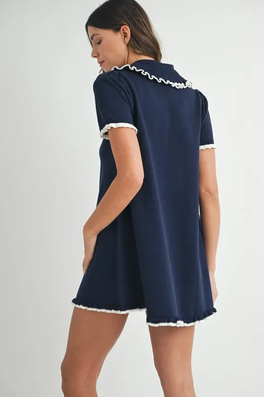 MABLE Ruffle Trimmed Collar Fine Knit Mini Dress-MABLE-Navy-M-Urbanheer