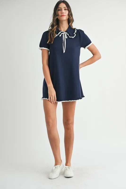 MABLE Ruffle Trimmed Collar Fine Knit Mini Dress-MABLE-Navy-M-Urbanheer