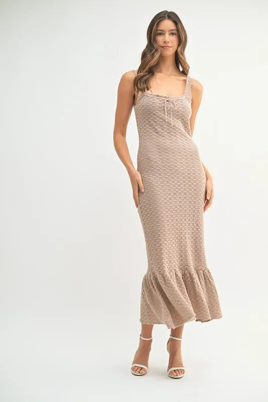 MABLE Ruffled Hem Sleeveless Crochet Knit Midi Dress-MABLE-Mocha-L-Urbanheer