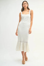 MABLE Ruffled Hem Sleeveless Crochet Knit Midi Dress-MABLE-Off White-M-Urbanheer