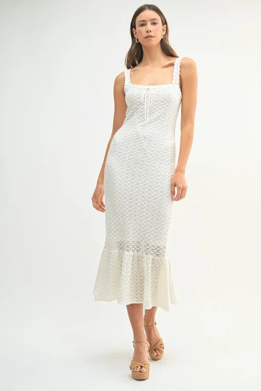 MABLE Ruffled Hem Sleeveless Crochet Knit Midi Dress-MABLE-Off White-M-Urbanheer