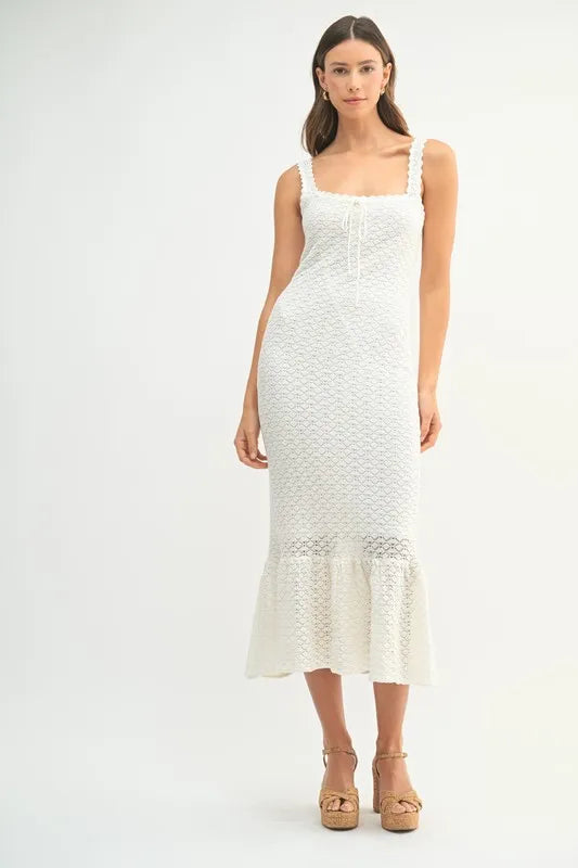 MABLE Ruffled Hem Sleeveless Crochet Knit Midi Dress-MABLE-Off White-M-Urbanheer