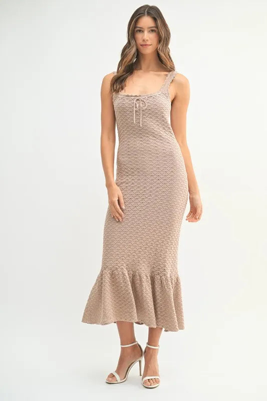MABLE Ruffled Hem Sleeveless Crochet Knit Midi Dress-MABLE-Mocha-L-Urbanheer