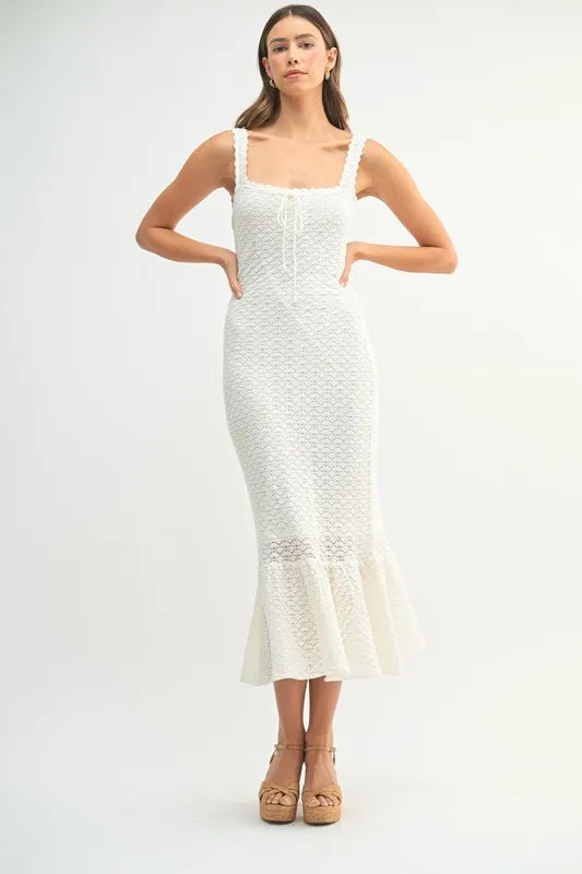 MABLE Ruffled Hem Sleeveless Crochet Knit Midi Dress-MABLE-Off White-M-Urbanheer