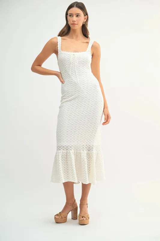 MABLE Ruffled Hem Sleeveless Crochet Knit Midi Dress-MABLE-Off White-M-Urbanheer